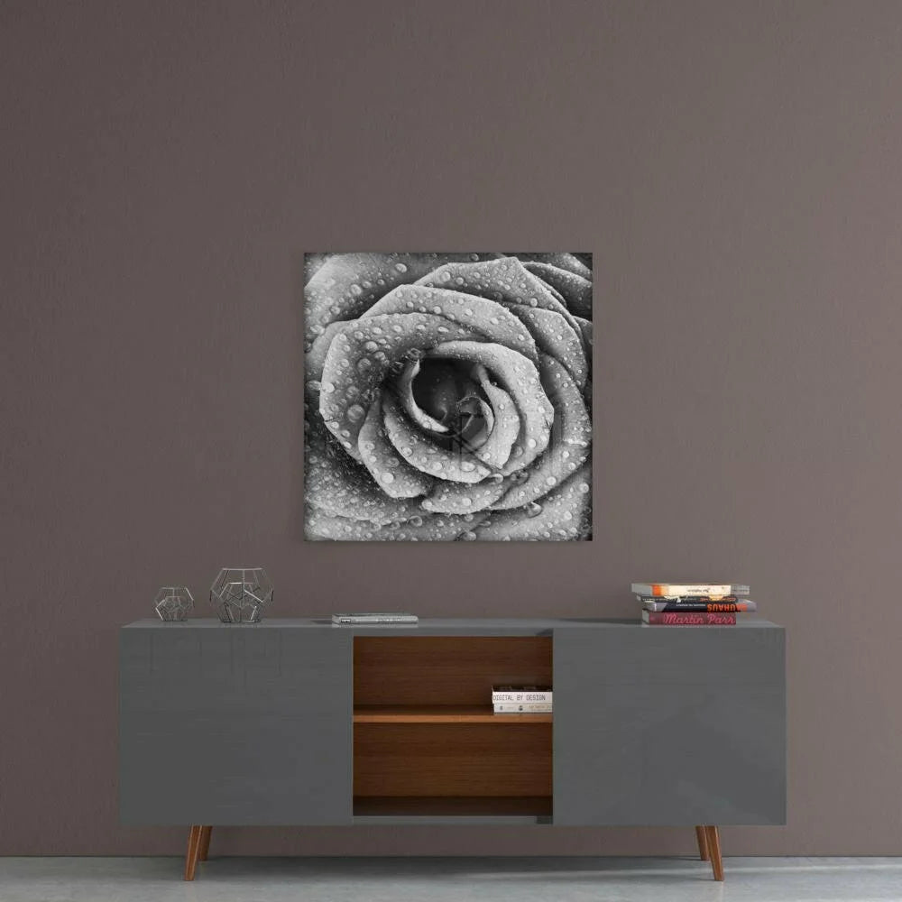 Stunning black and white rose glass wall art with water drops