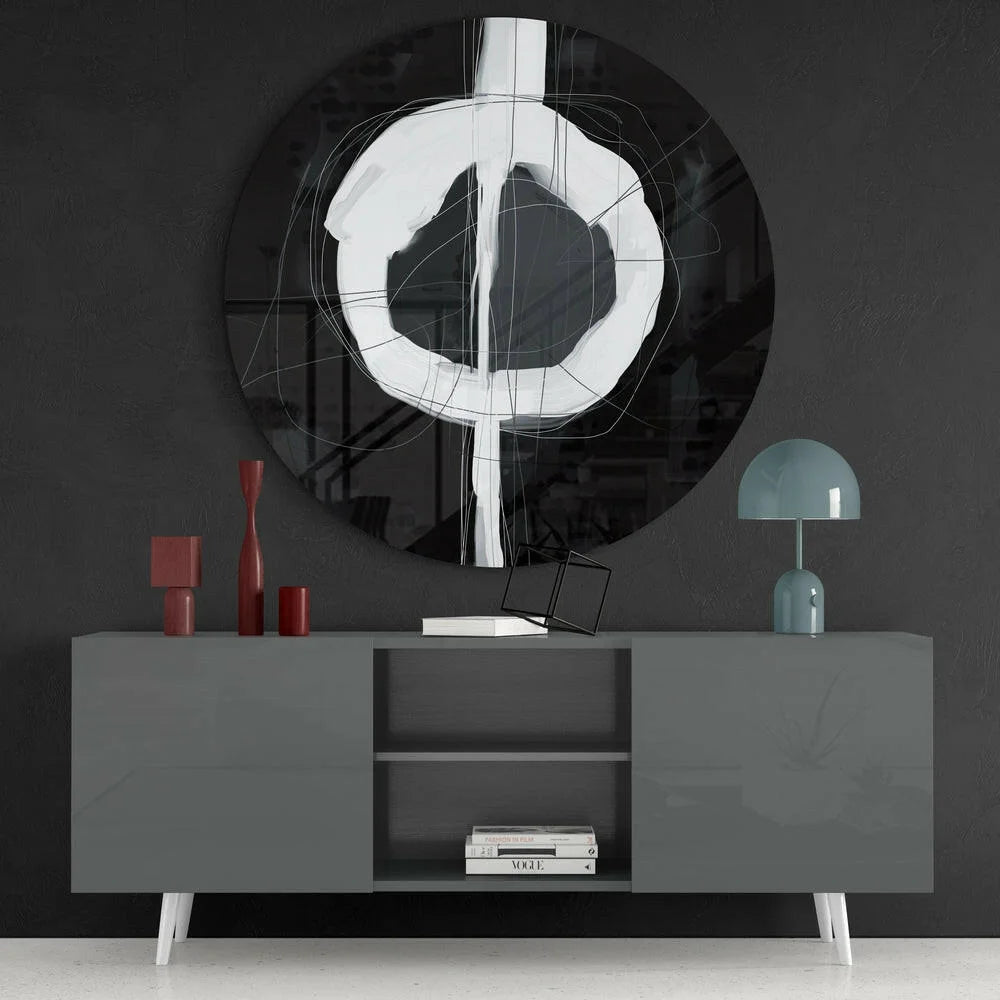 Stunning black and white tempered glass art with bold geometric design