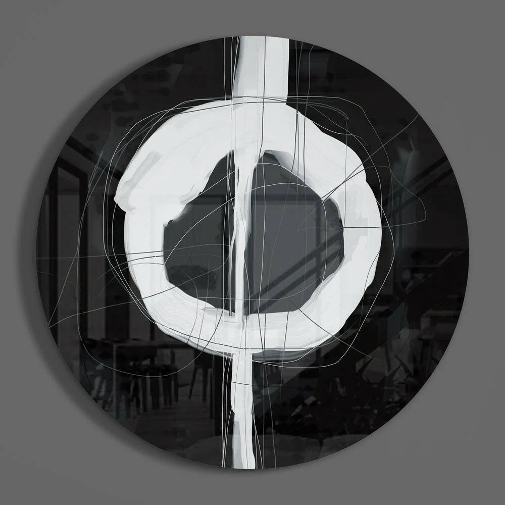 White abstract eye-like circle in black gray tones on stunning tempered glass art