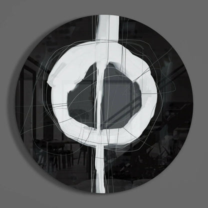 White abstract eye-like circle in black gray tones on stunning tempered glass art