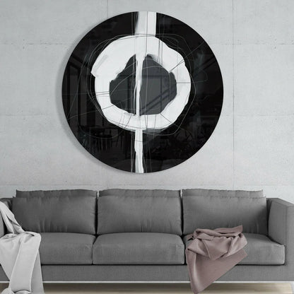 Stunning black white tempered glass art with bold geometric circular design