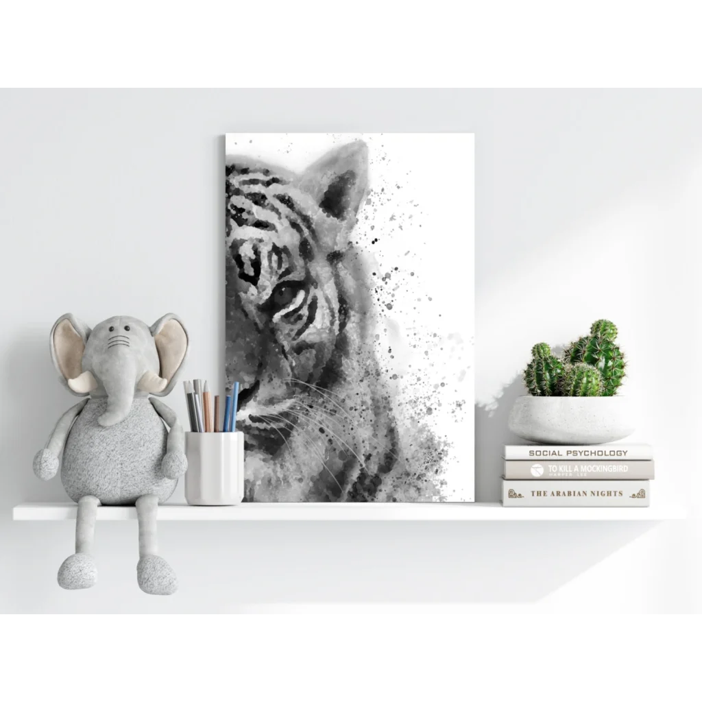Stunning black and white tiger aluminum wall art with watercolor splatter