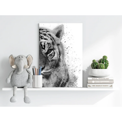 Stunning black and white tiger aluminum wall art with watercolor splatter