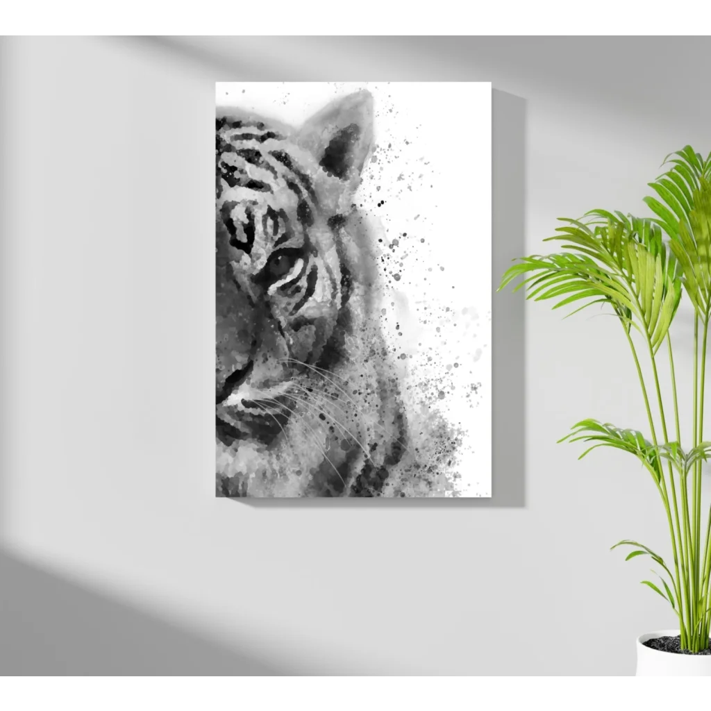 Black and white tiger aluminum wall art print with splatter effect