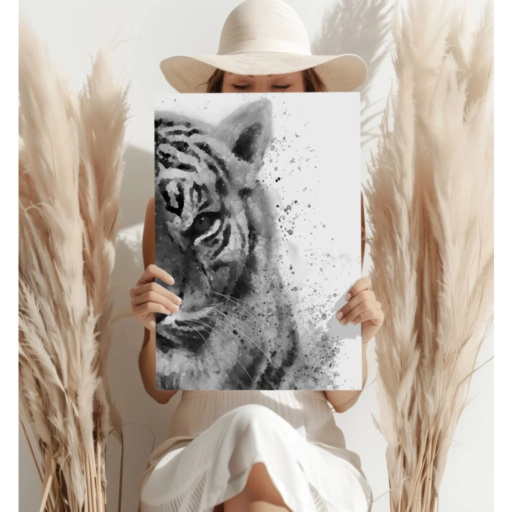 Stunning black and white tiger aluminum wall art with splatter design