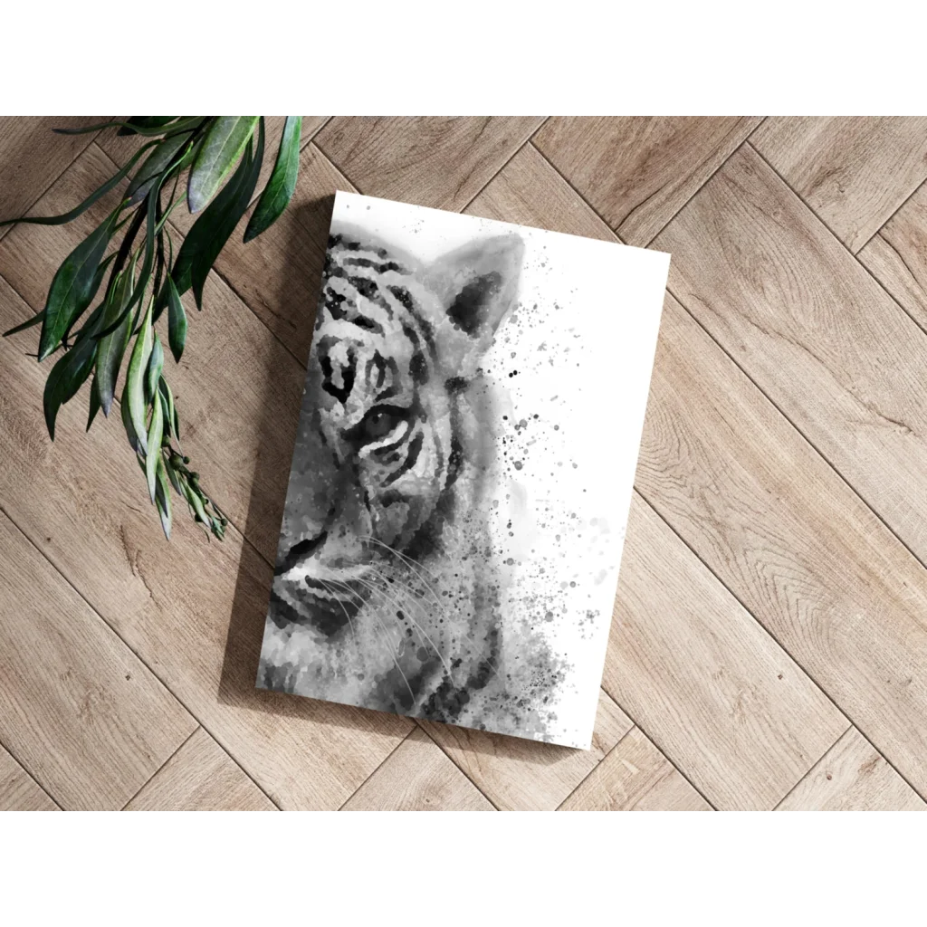 Black and white tiger aluminum wall art on wood floor