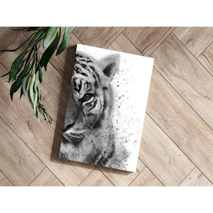 Black and white tiger aluminum wall art on wood floor