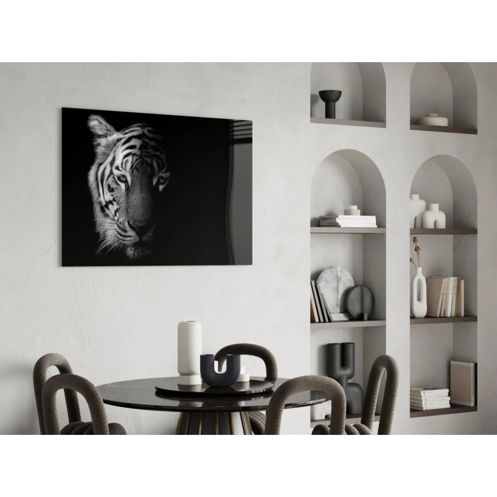 Stunning black white tiger canvas wall art with textured fur on wall