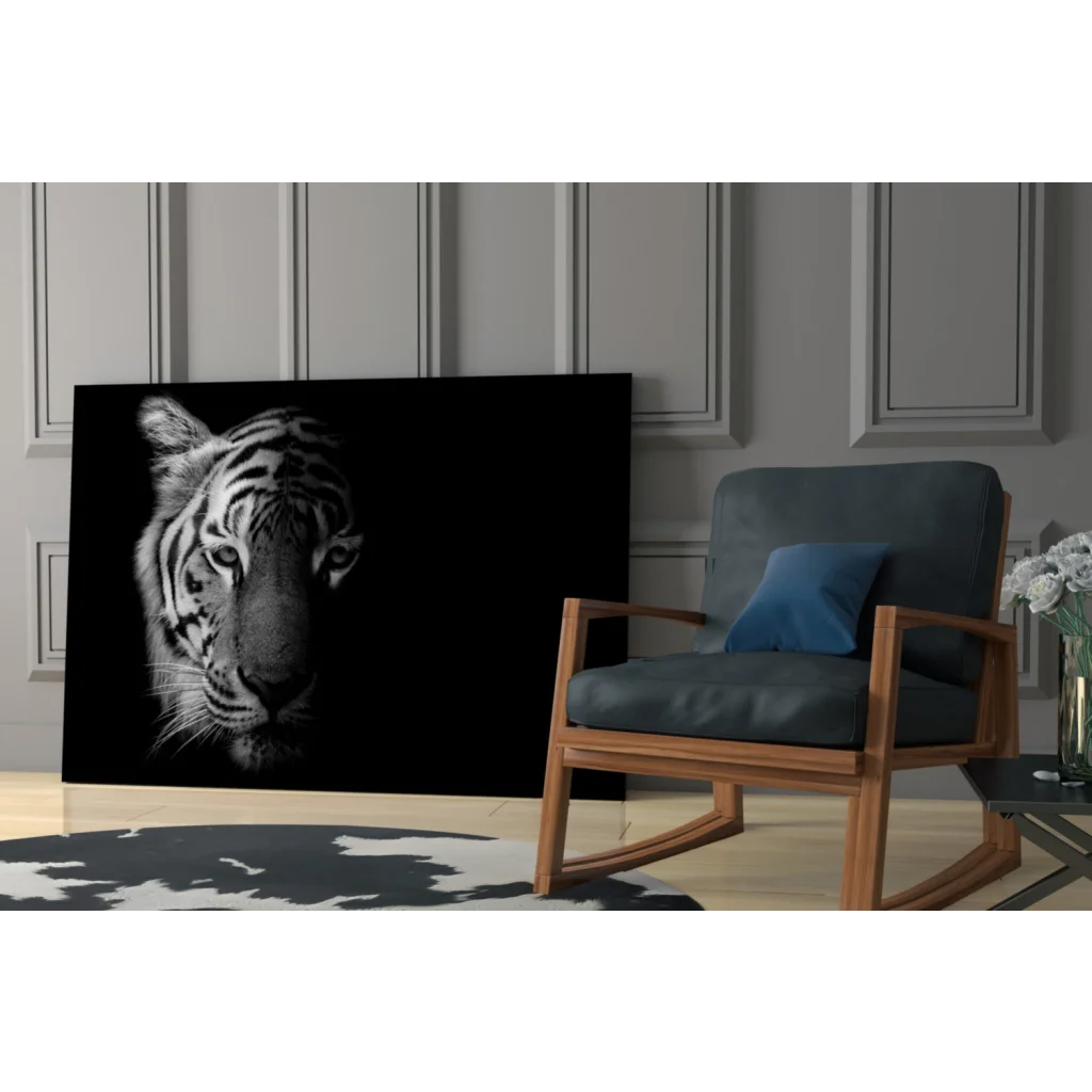 Stunning black white tiger canvas wall art with textured fur