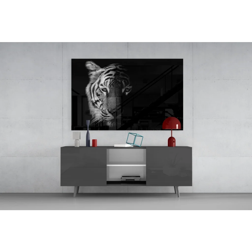 Stunning black white tiger wall art with textured fur on gray stand