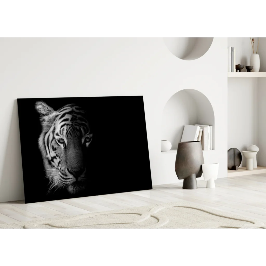 Black and white tiger wall art canvas with textured fur design