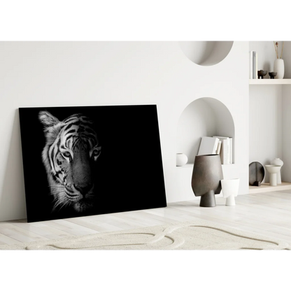 Black and white tiger wall art canvas with textured fur design