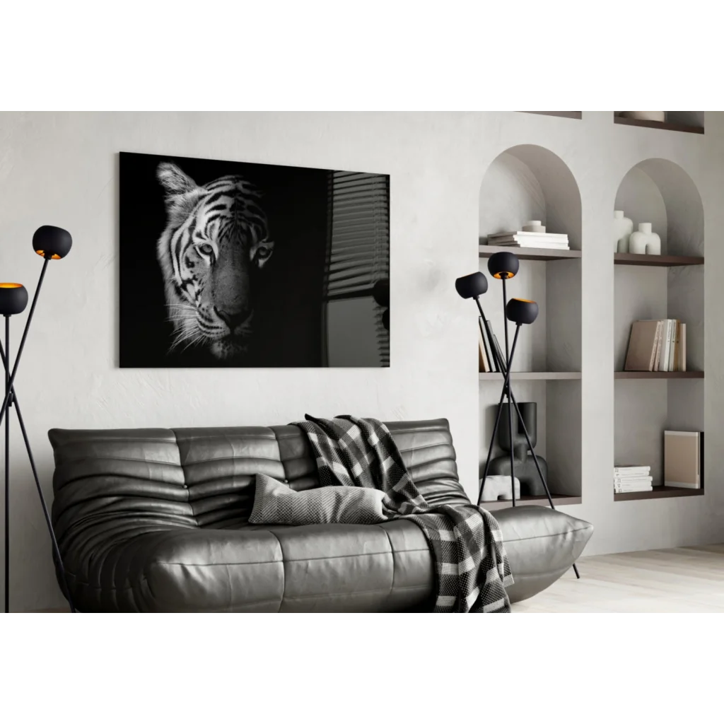 Stunning black and white tiger canvas wall art with textured fur