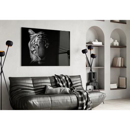 Stunning black and white tiger canvas wall art with textured fur