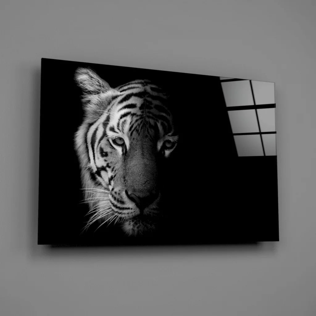 Stunning black and white tiger canvas wall art with bold striped textured fur