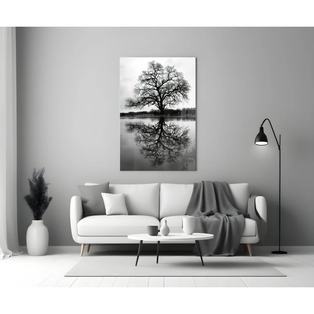 Stunning black white tree reflection canvas wall art print
