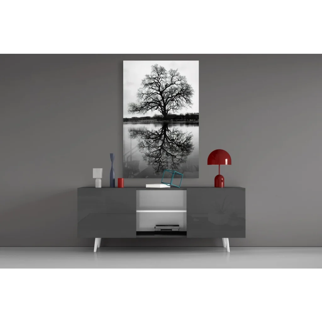 Stunning black white tree reflection on glass wall art print