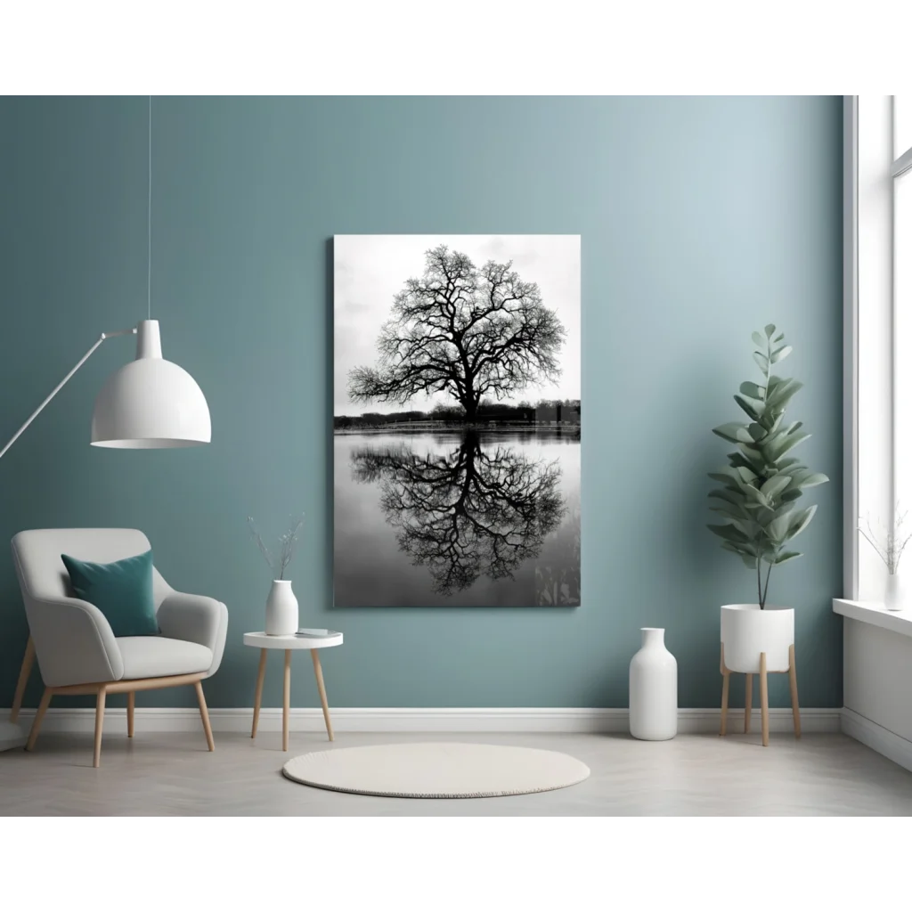 Stunning black white tree reflection canvas wall art print