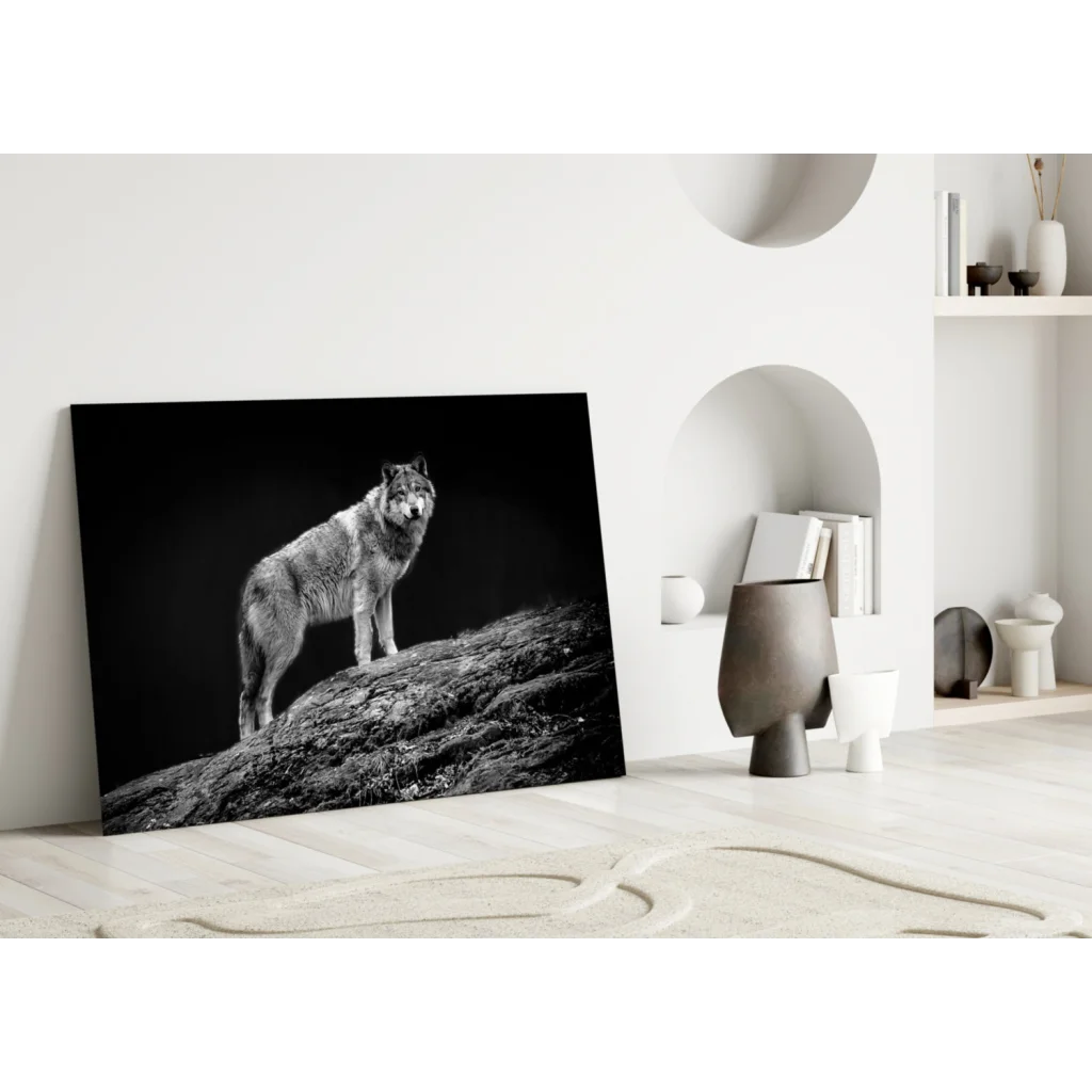 Stunning black and white wolf glass wall art canvas print on wall