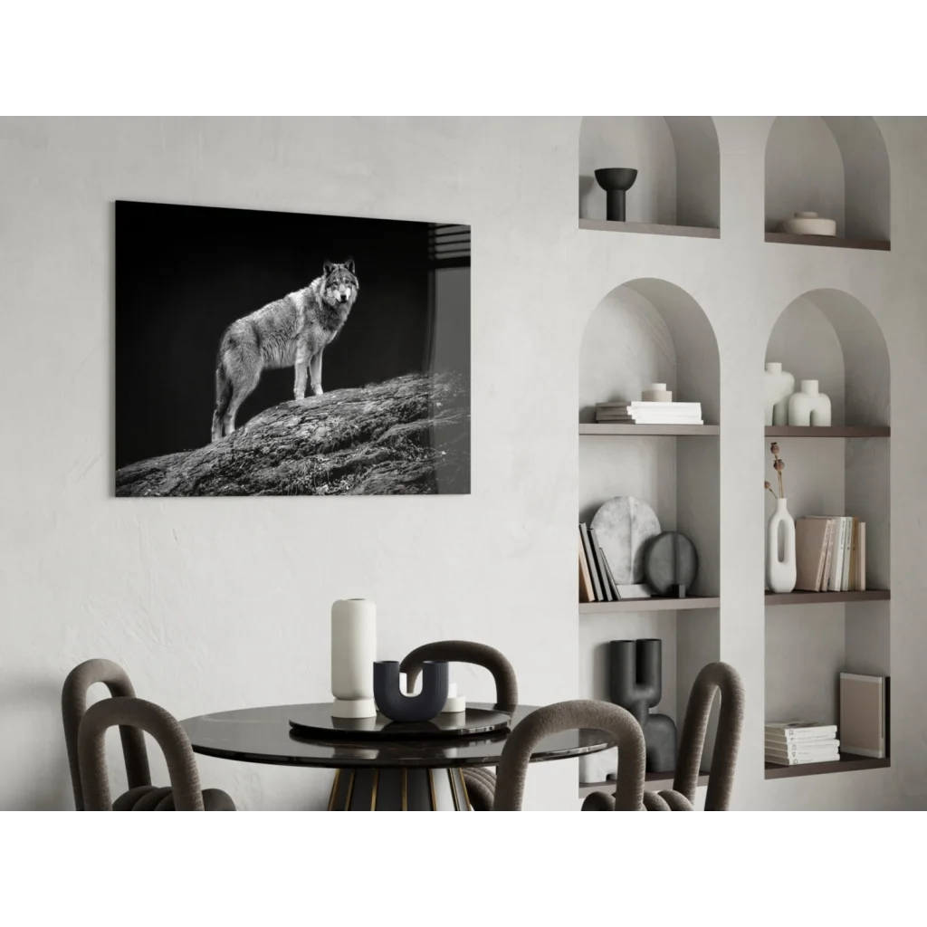 Stunning black and white wolf glass wall art canvas print on wall