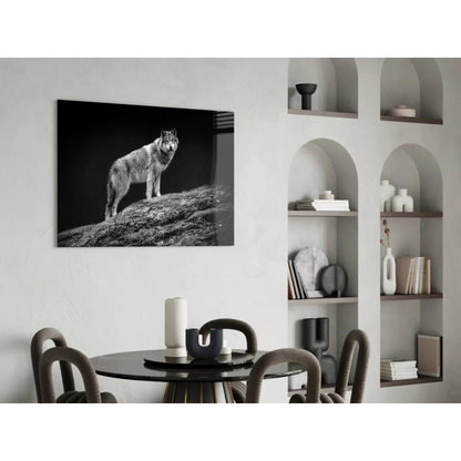 Stunning black and white wolf glass wall art canvas print on wall