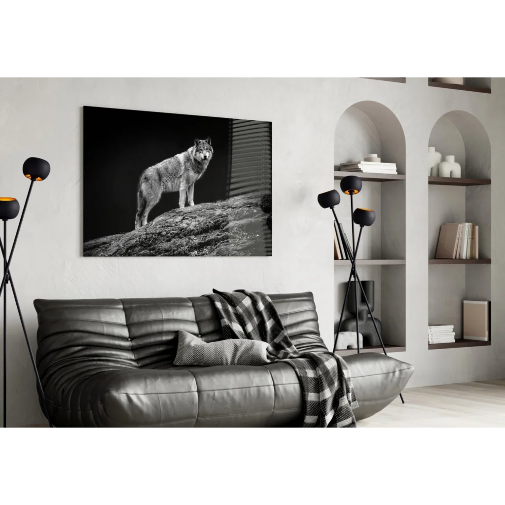 Stunning black and white wolf glass wall art canvas print on wall