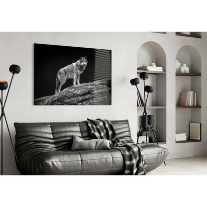 Stunning black and white wolf glass wall art canvas print on wall