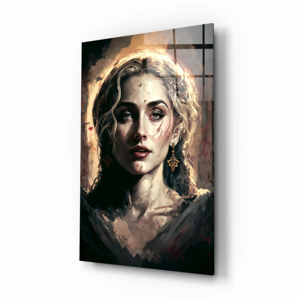 Painterly blonde woman portrait canvas wall art with gold star earrings