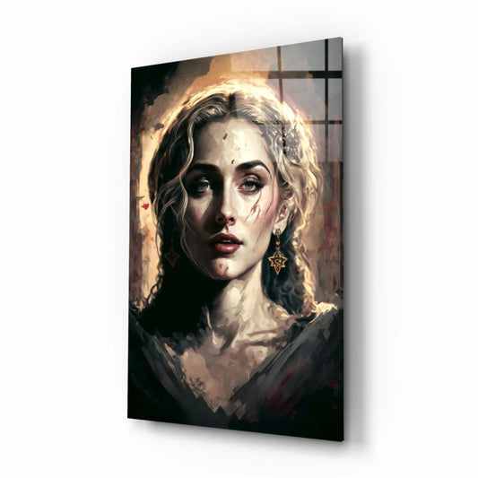 Painterly blonde woman portrait canvas wall art with gold star earrings