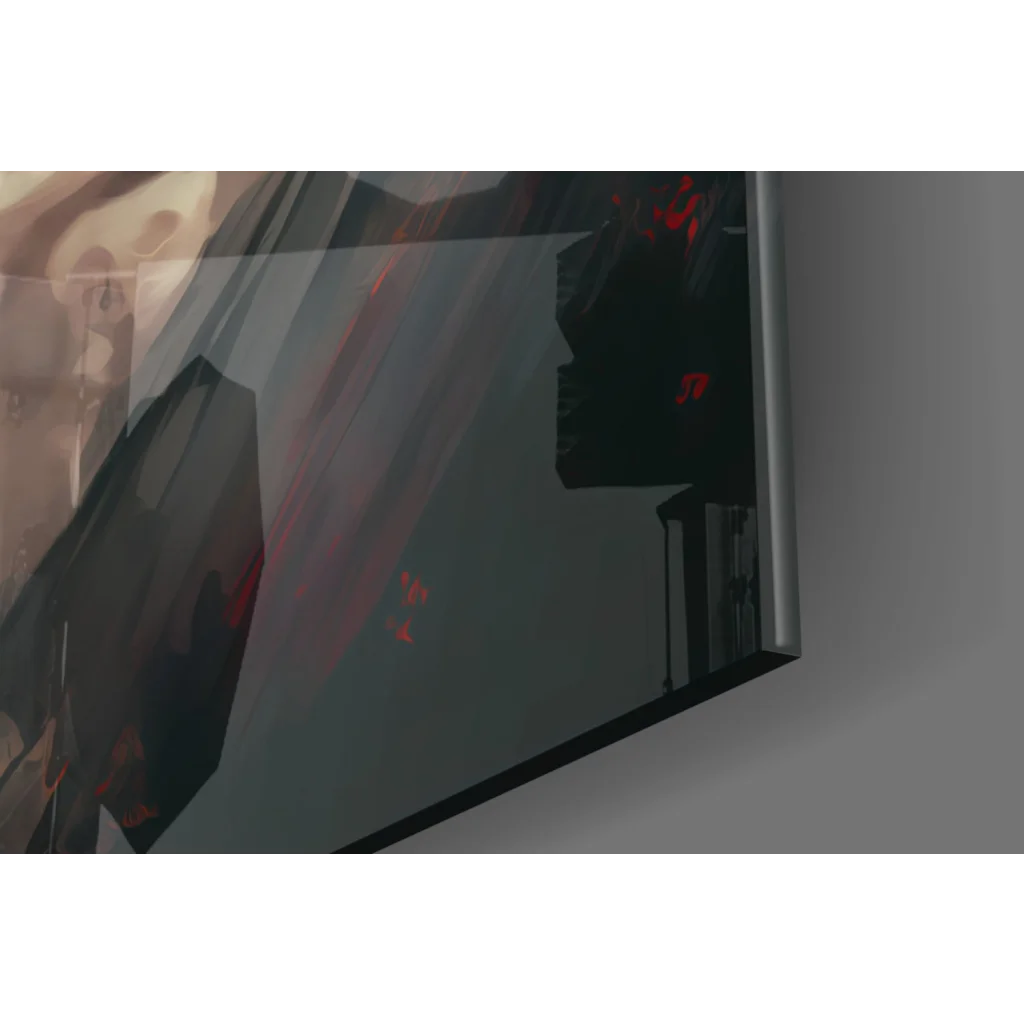 Framed abstract glass wall art with bold black, gray, red brushstrokes