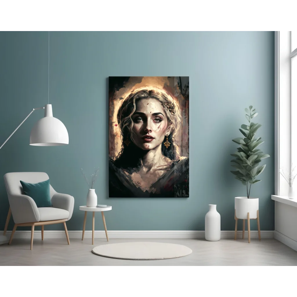 Stunning blonde woman portrait canvas wall art with gold star earrings