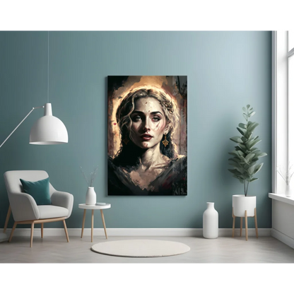 Stunning blonde woman portrait canvas wall art with gold star earrings