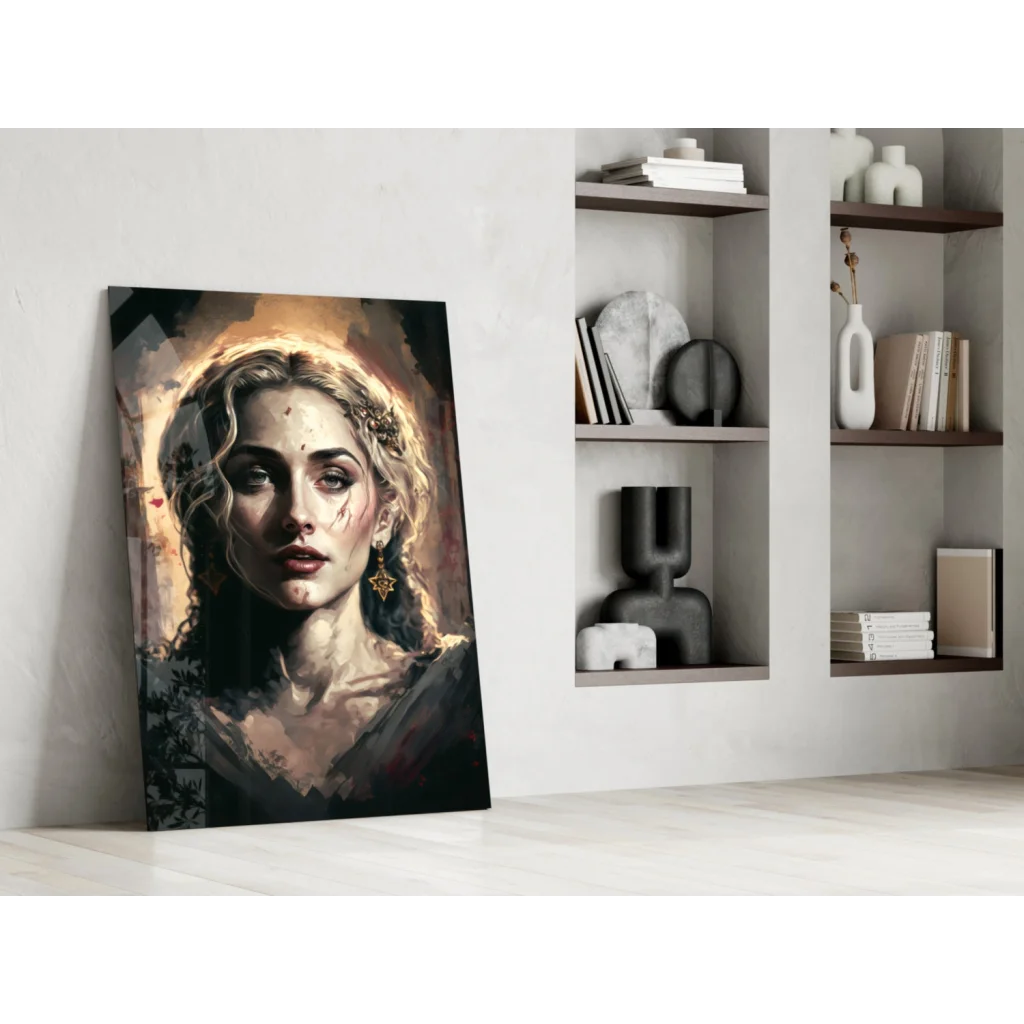 Stunning blonde portrait canvas wall art with gold star earrings