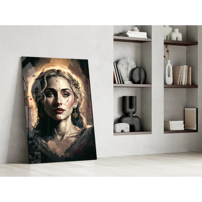 Stunning blonde portrait canvas wall art with gold star earrings