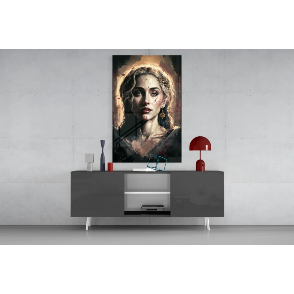 Stunning blonde portrait wall art with gold star earrings