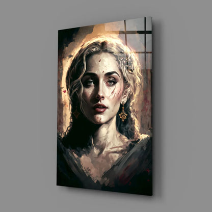Stunning blonde portrait canvas wall art with gold star earrings