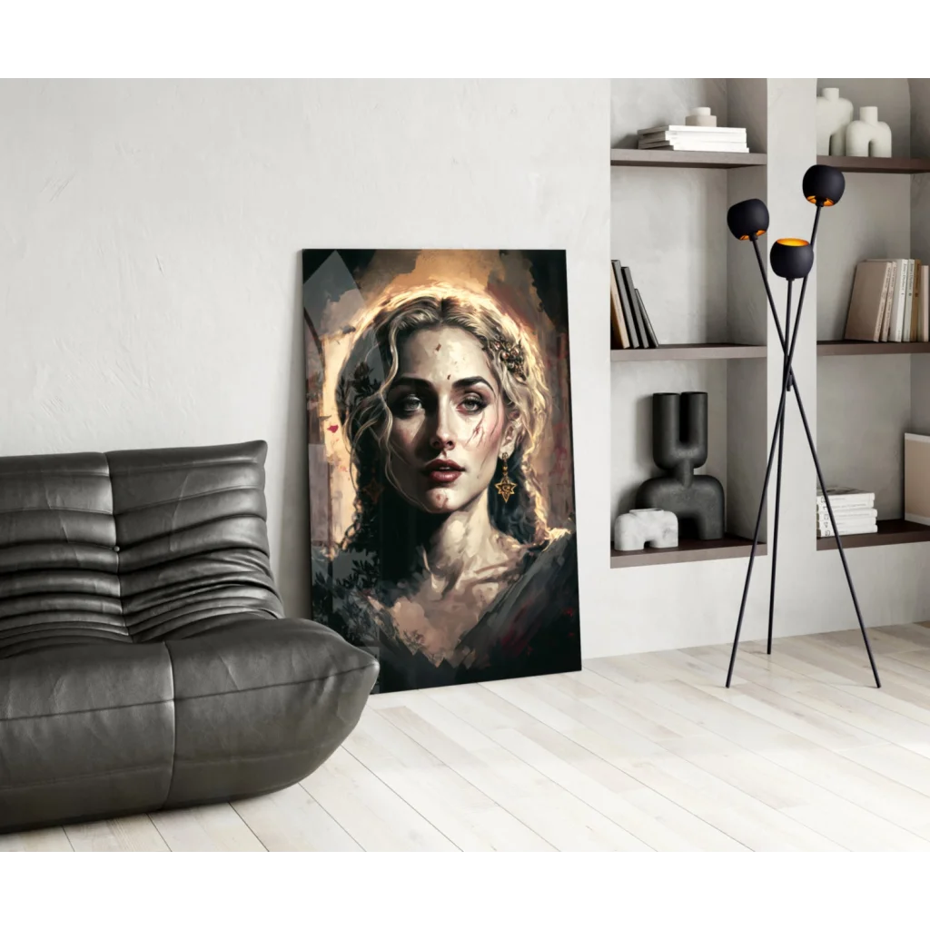 Stunning blonde portrait canvas wall art with gold star earrings
