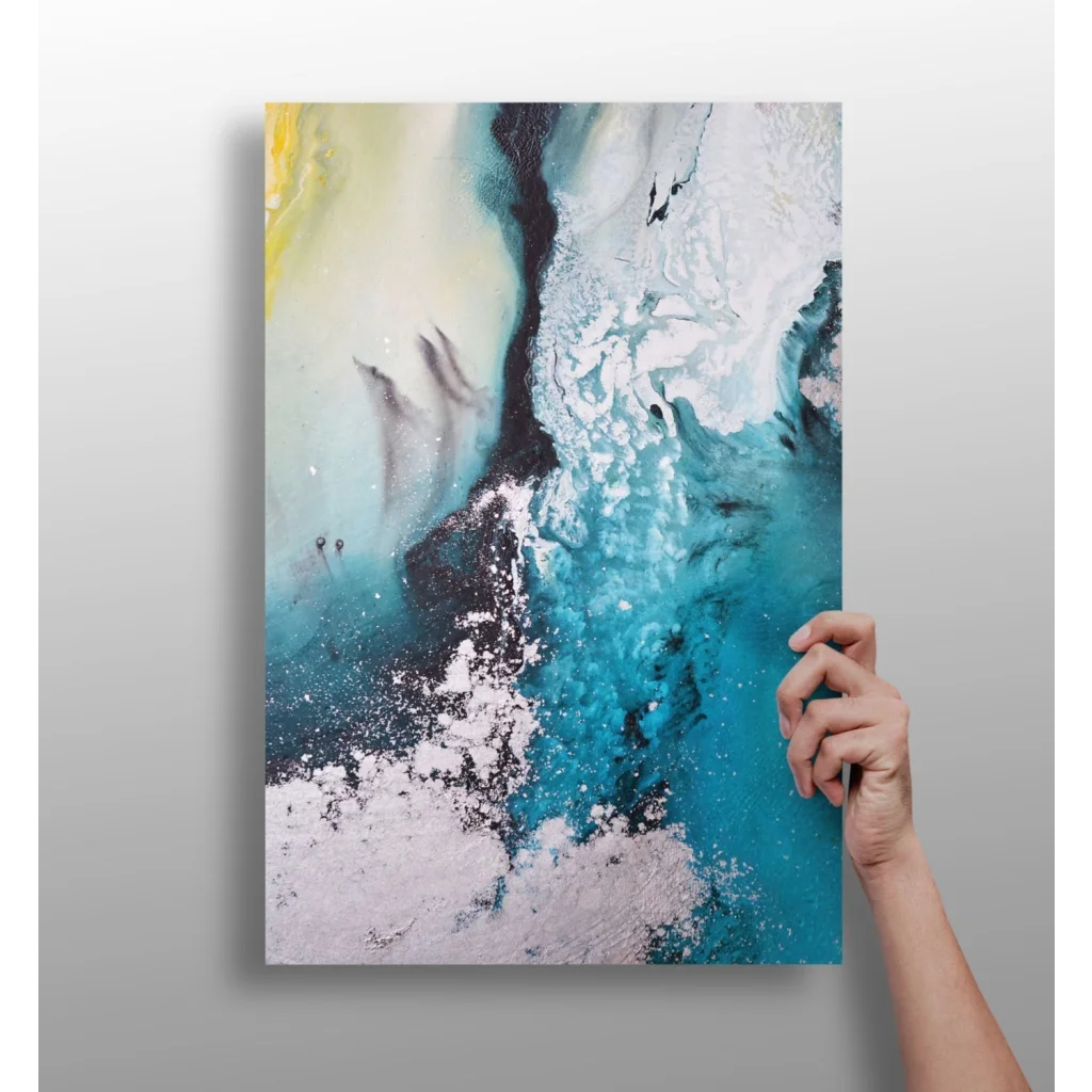 Stunning teal and white abstract aluminum wall art with textured brushstrokes