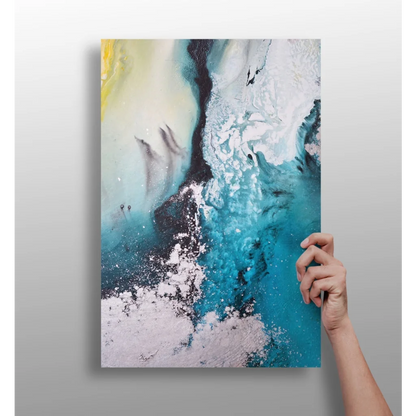 Stunning teal and white abstract aluminum wall art with textured brushstrokes