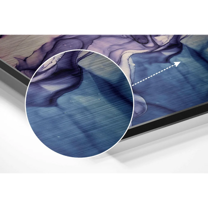 Blue abstract art print on brushed aluminium dibond with circular zoom