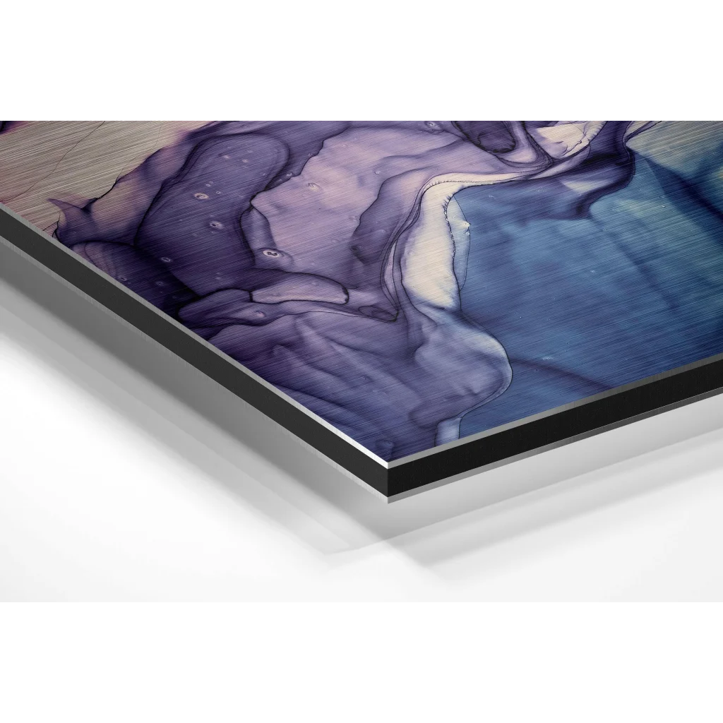 Glass Wall Art Stunning blue and purple abstract art print on brushed aluminium dibond with black frame