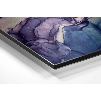 Stunning blue and purple abstract art print on brushed aluminium dibond with black frame