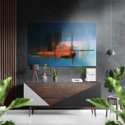 Modern wooden sideboard with geometric design on brushed aluminium dibond