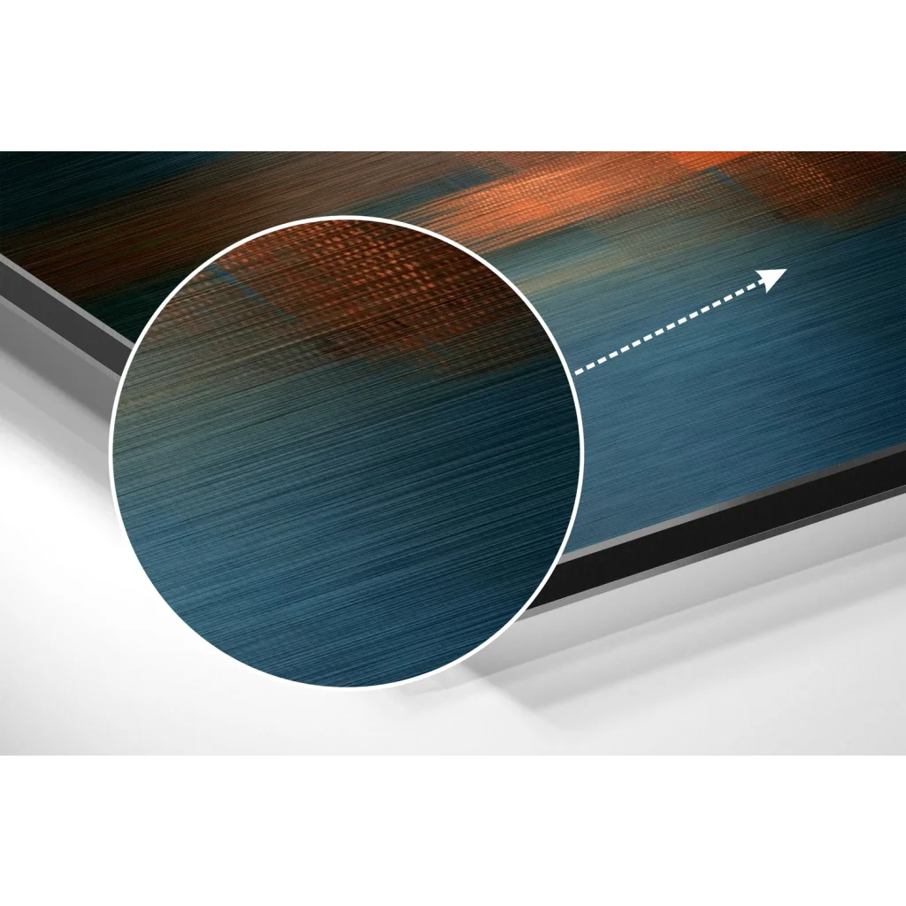 Stunning blue abstract art print on brushed aluminium dibond with black frame