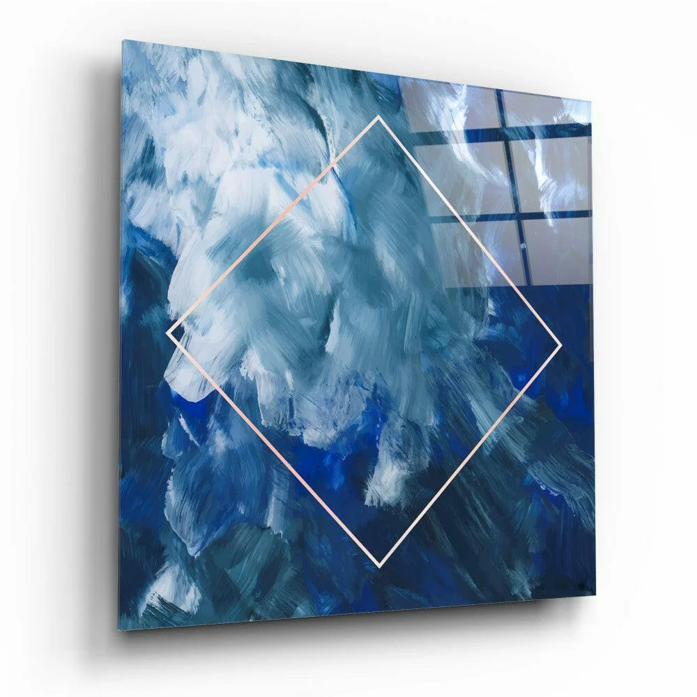 Stunning blue and white abstract glass wall art in gold diamond frame