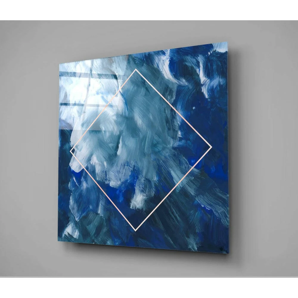 Stunning blue abstract glass wall art with metallic diamond frame