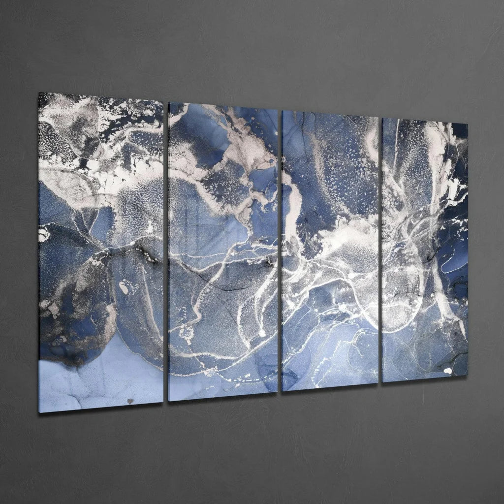 5-panel blue abstract glass wall art with swirling patterns
