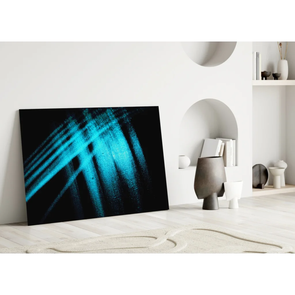 Stunning blue abstract glass wall art with textured brushstrokes on black background
