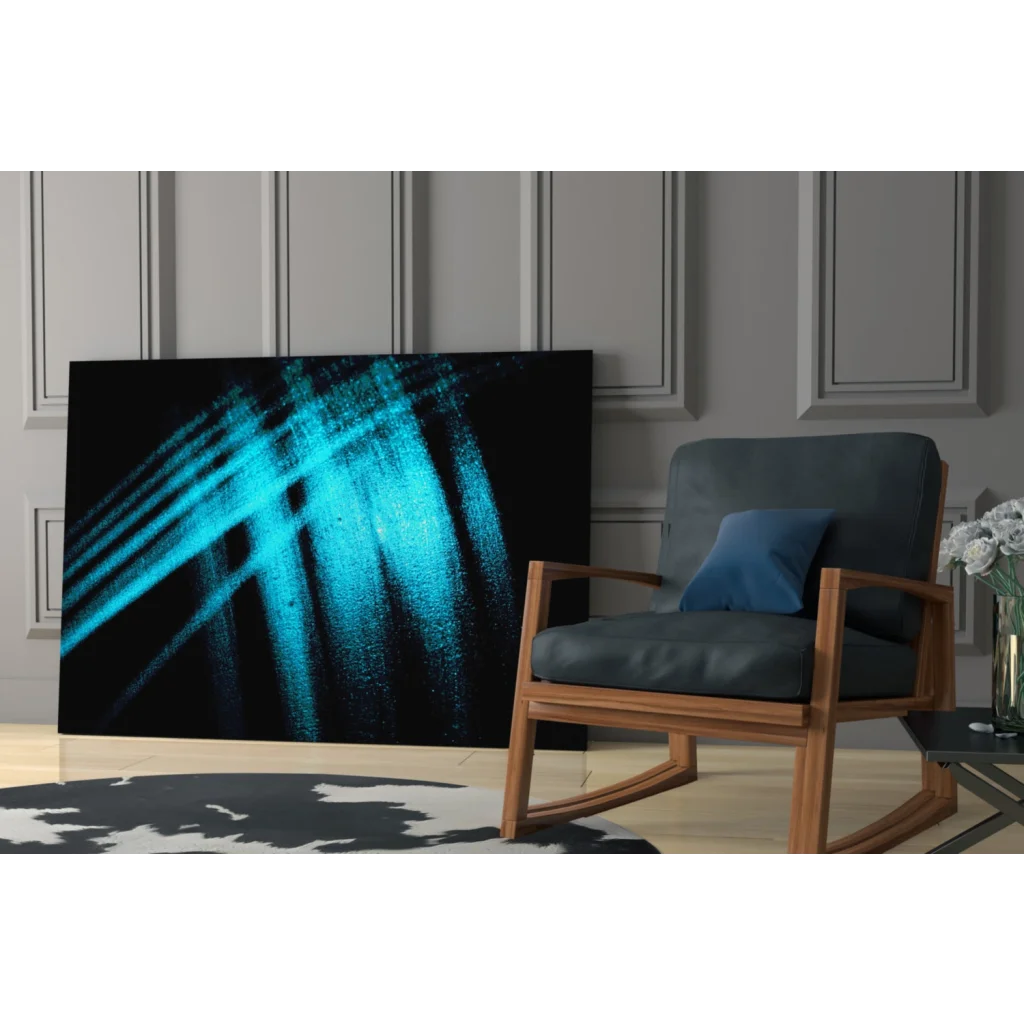 Stunning blue abstract glass wall art with textured brushstrokes and geometric lines
