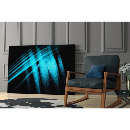 Stunning blue abstract glass wall art with textured brushstrokes and geometric lines